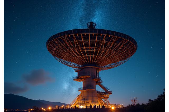 Construction d'un radiotélescope sous un ciel étoilé