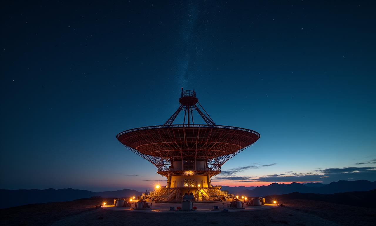 Vue majestueuse d'un radiotélescope en construction sous un ciel étoilé.