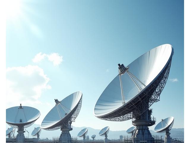 Antennes paraboliques géantes pointées vers le ciel pour la communication.