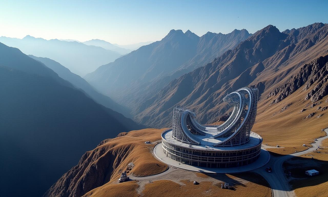 Vue aérienne du Grand Télescope Millimétrique dans son environnement montagneux.