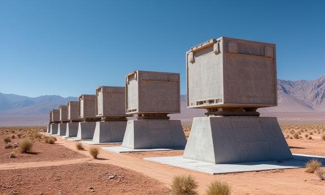 Immenses fondations en béton pour un radiotélescope dans un paysage désertique